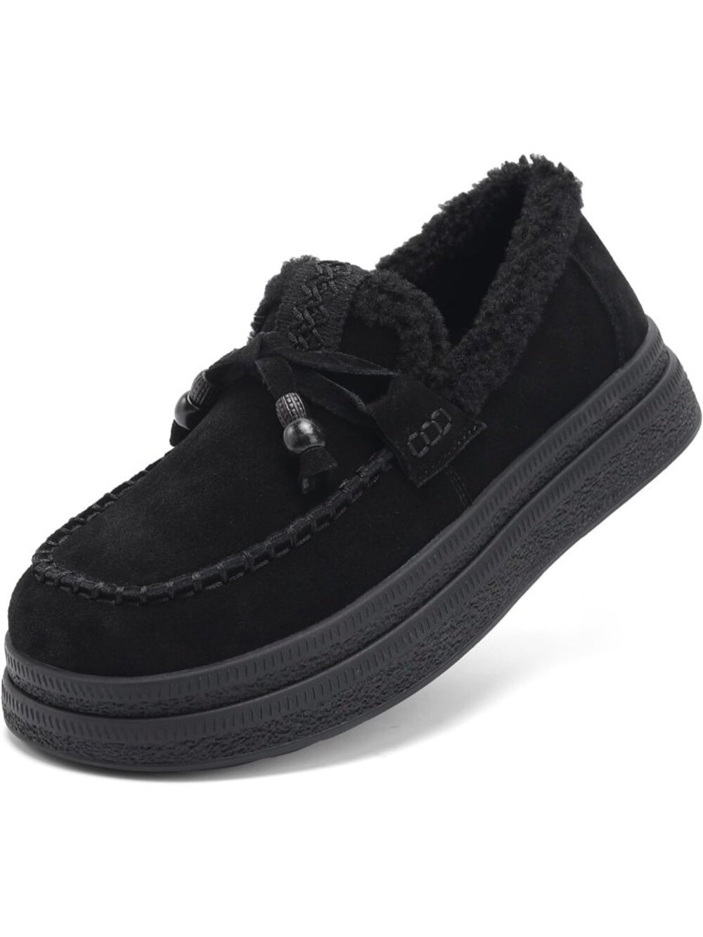 Women's Black Suede Comfortable Lace Up Slip On Warm Classic Loafers Shoes